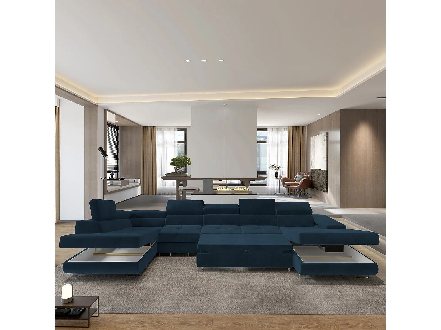 Hoekbank VELORA van fluweel met slaapfunctie Blau