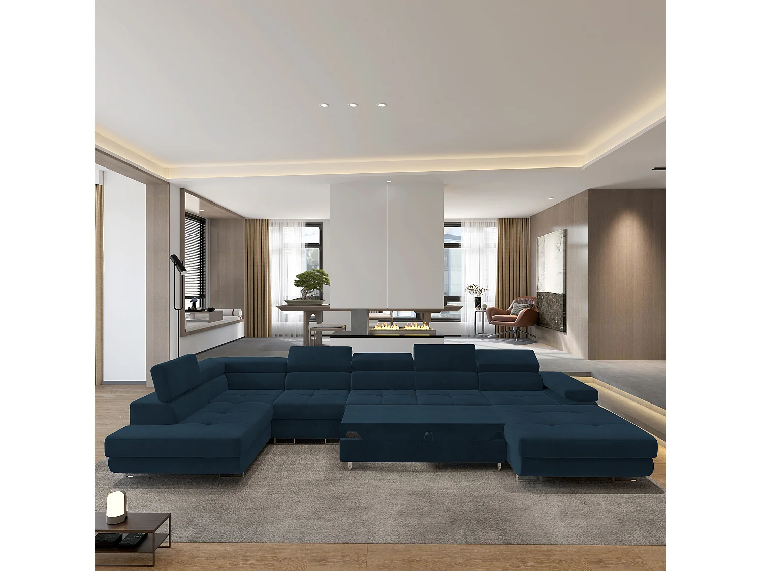 Hoekbank VELORA van fluweel met slaapfunctie Blau