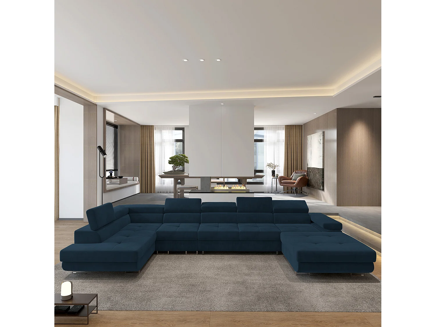 Hoekbank VELORA van fluweel met slaapfunctie Blau