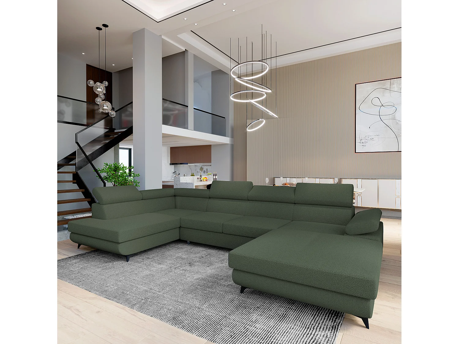 Hoekbank RUBANO van fluweel met slaapfunctie Grün