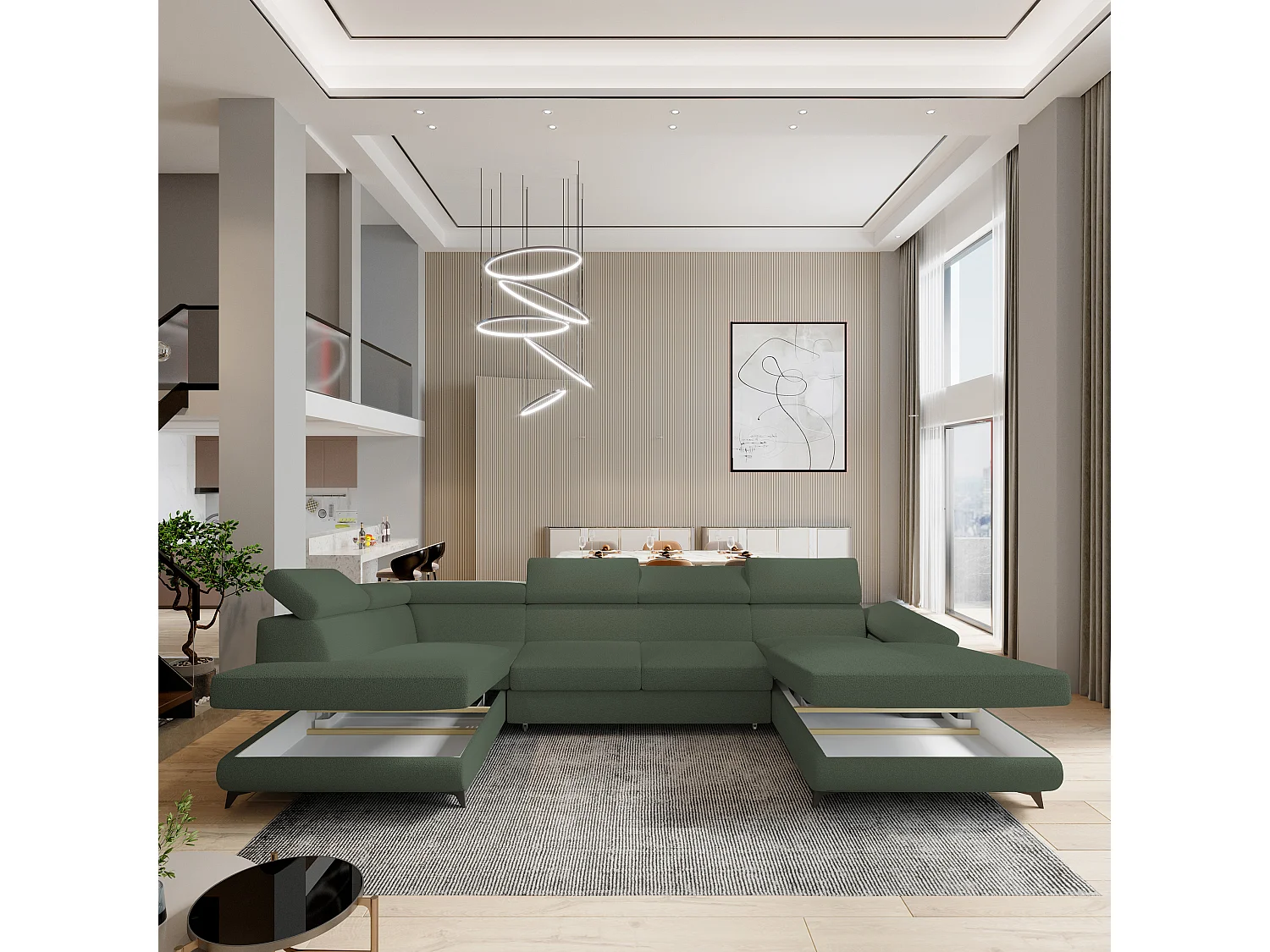 Hoekbank RUBANO van fluweel met slaapfunctie Grün