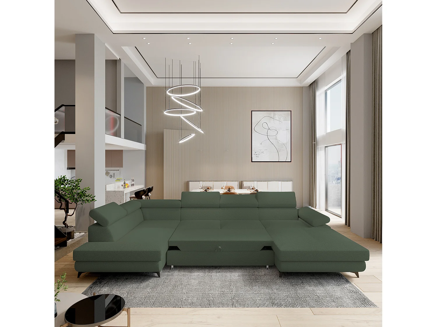 Hoekbank RUBANO van fluweel met slaapfunctie Grün