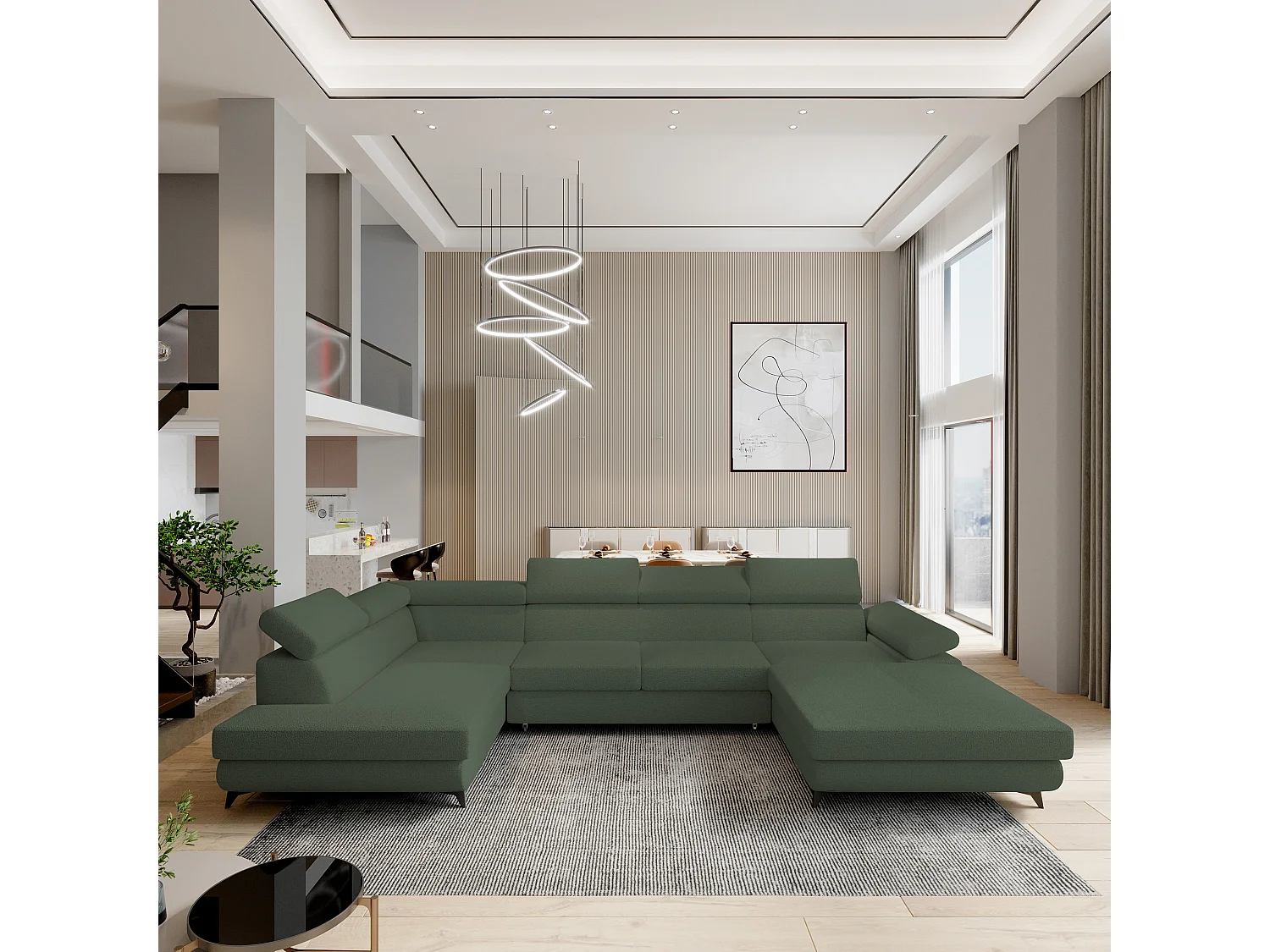 Hoekbank RUBANO van fluweel met slaapfunctie Grün