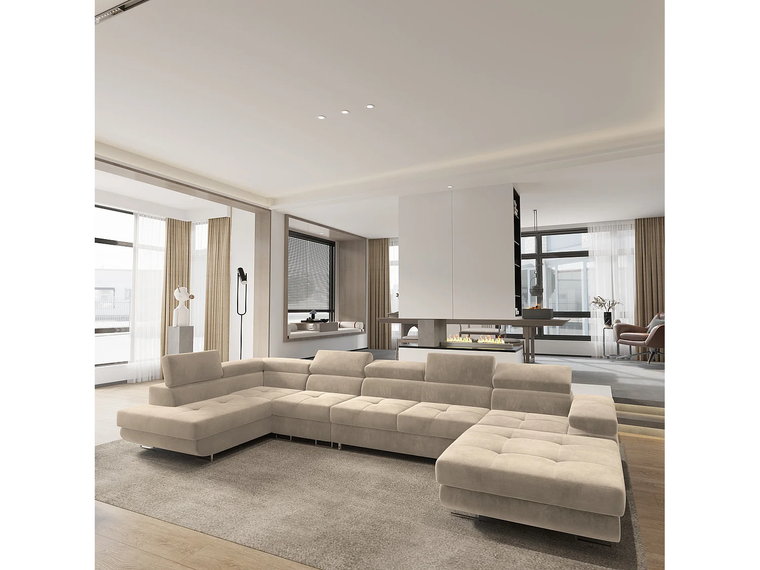 Hoekbank VELORA van fluweel met slaapfunctie Creme