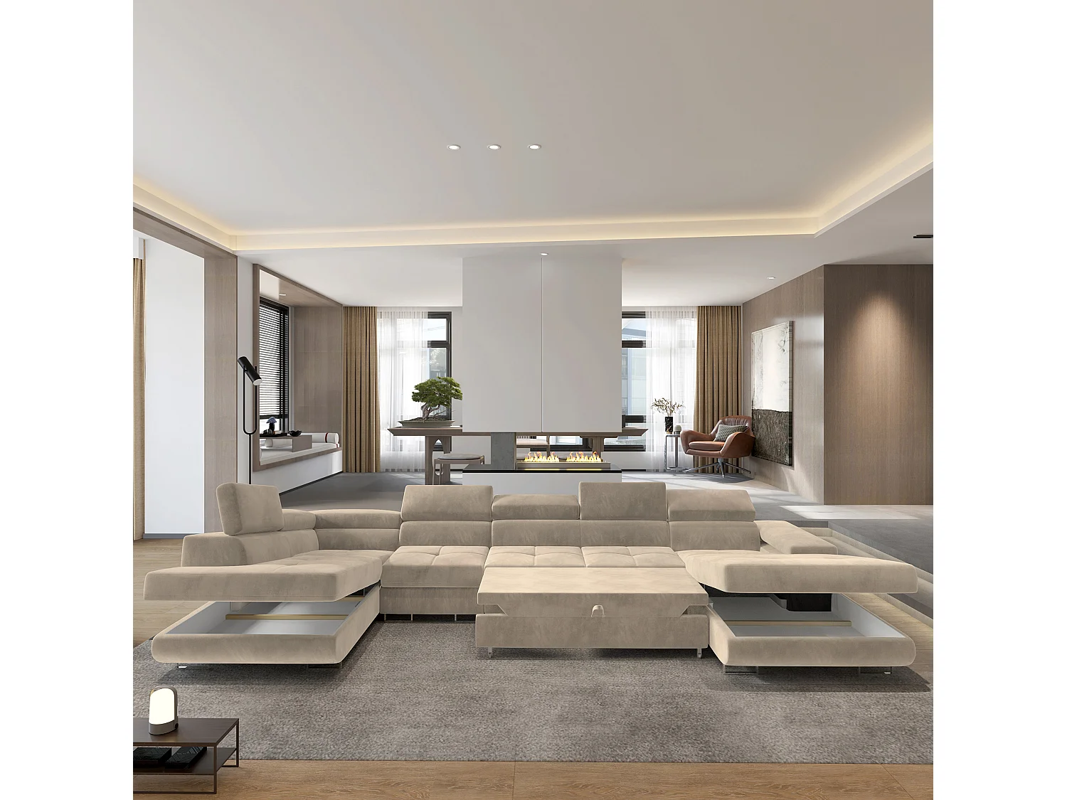 Hoekbank VELORA van fluweel met slaapfunctie Creme