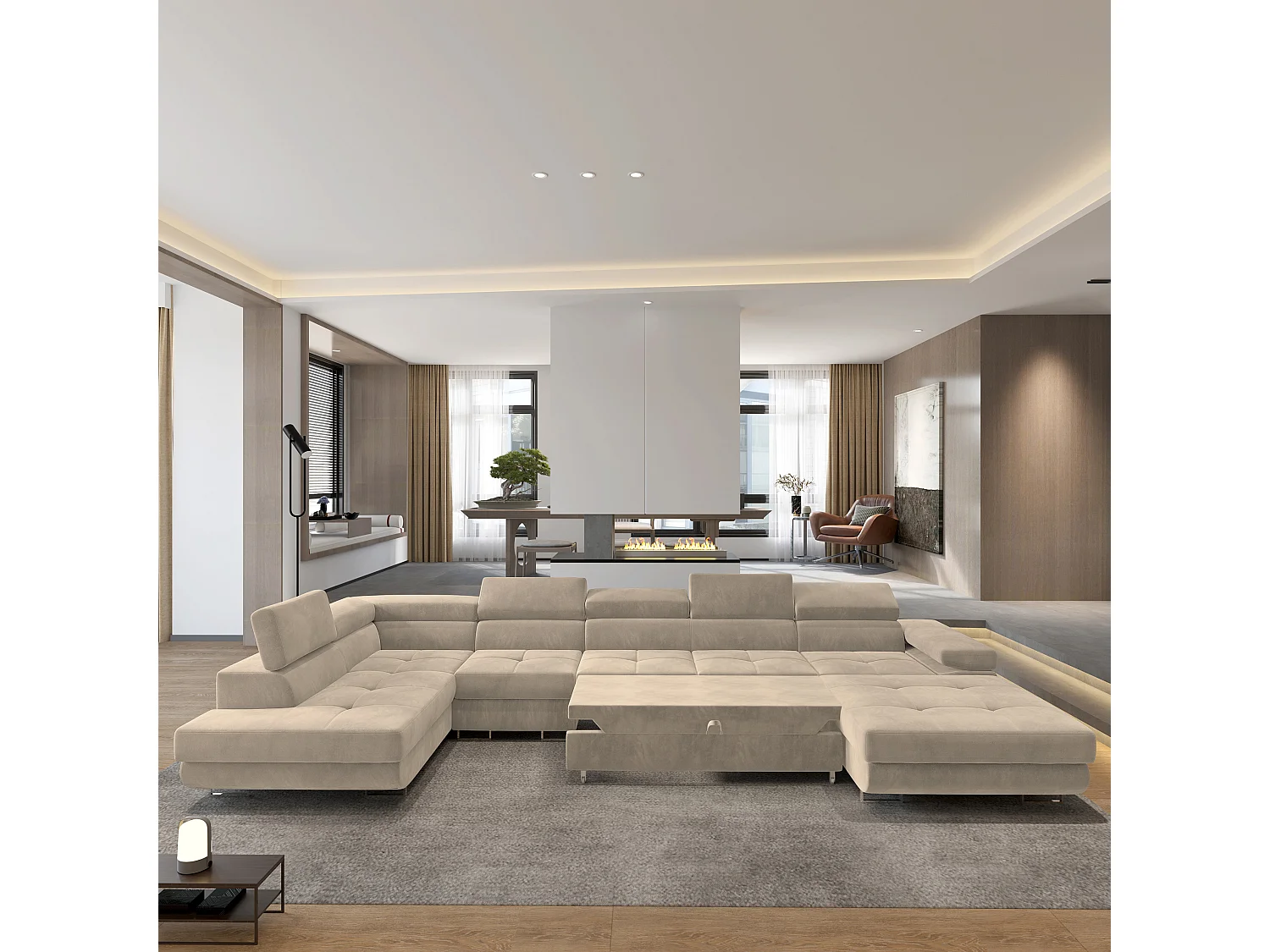 Hoekbank VELORA van fluweel met slaapfunctie Creme