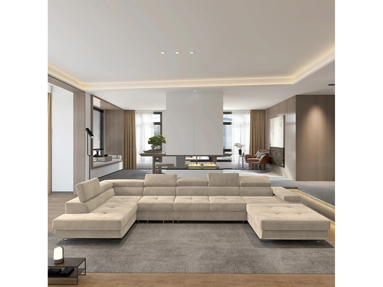 Hoekbank VELORA van fluweel met slaapfunctie Creme