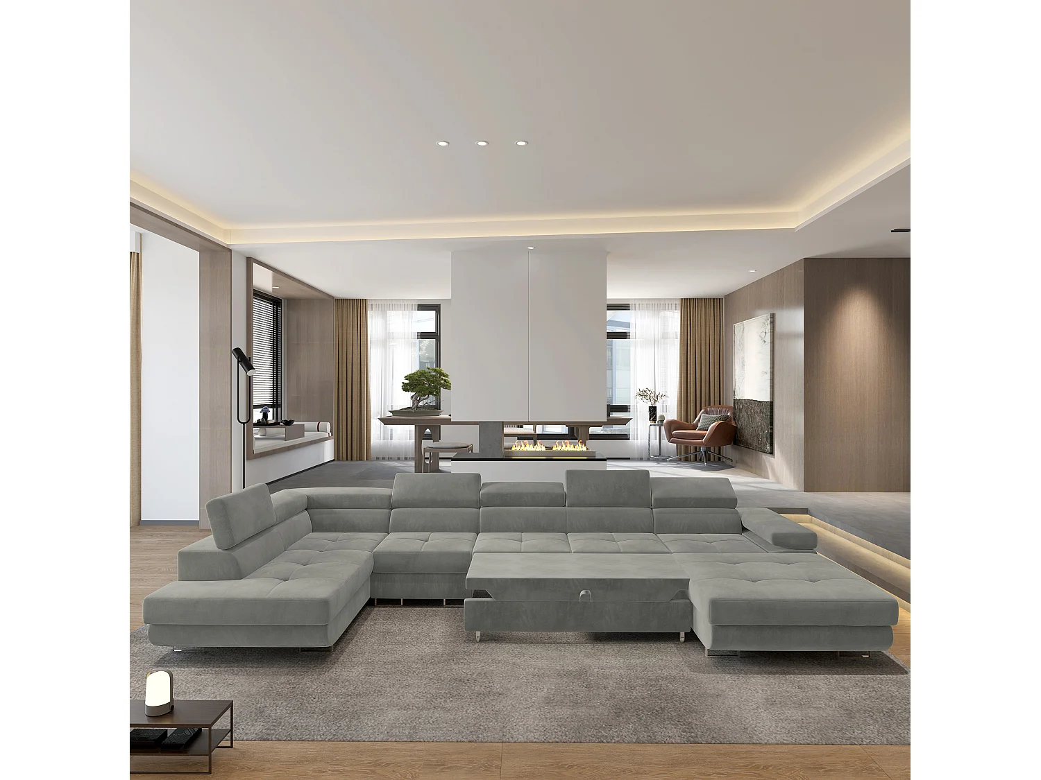 Hoekbank VELORA van fluweel met slaapfunctie Hellgrau