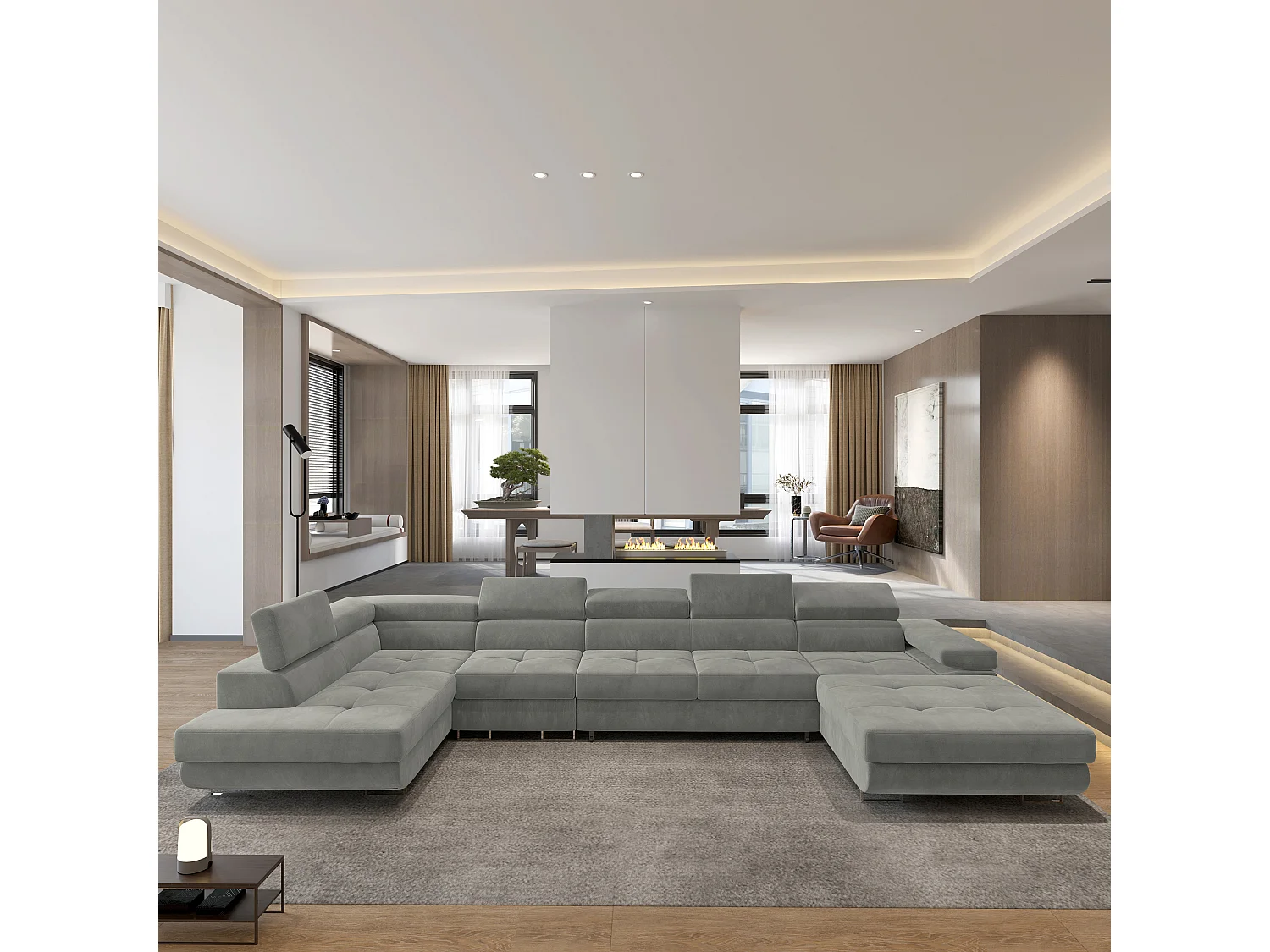 Hoekbank VELORA van fluweel met slaapfunctie Hellgrau