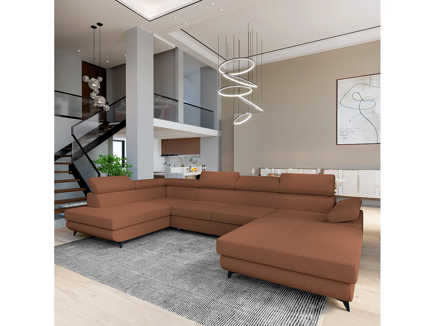 Hoekbank RUBANO van fluweel met slaapfunctie Orange