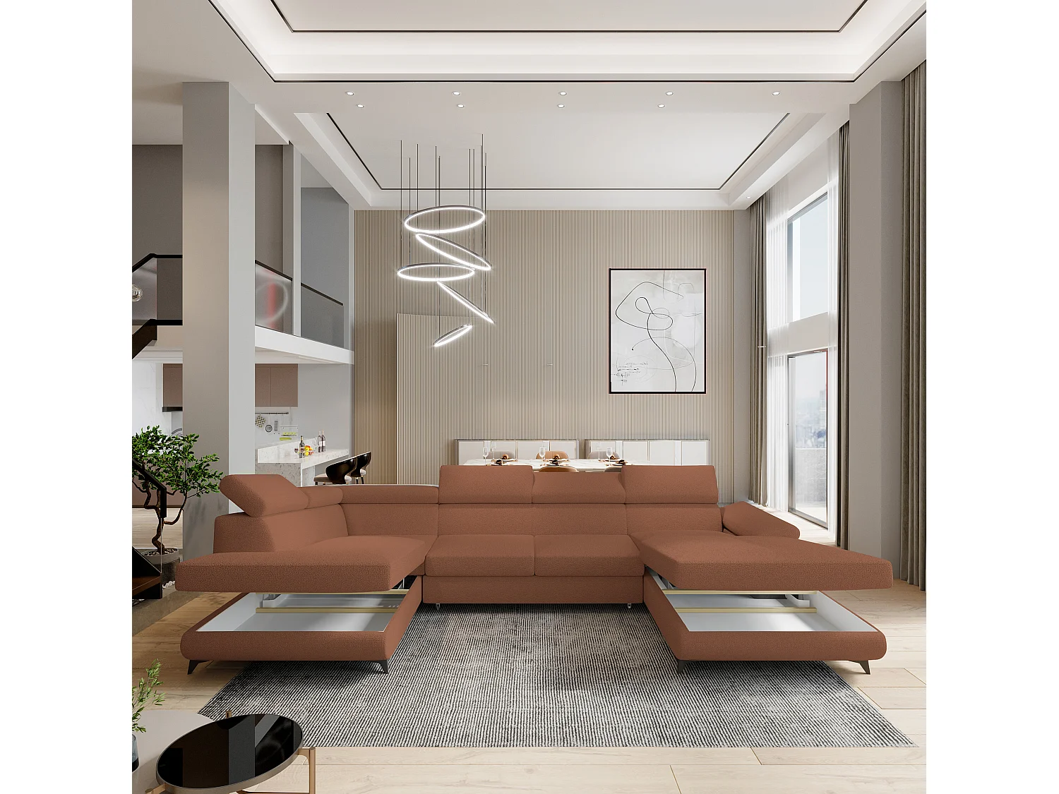 Hoekbank RUBANO van fluweel met slaapfunctie Orange