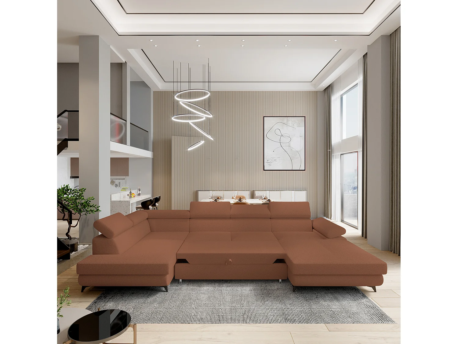 Hoekbank RUBANO van fluweel met slaapfunctie Orange