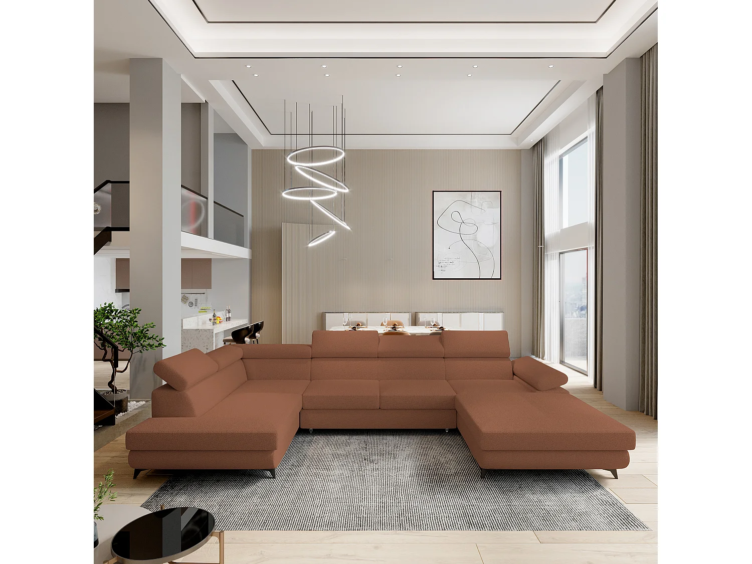 Hoekbank RUBANO van fluweel met slaapfunctie Orange