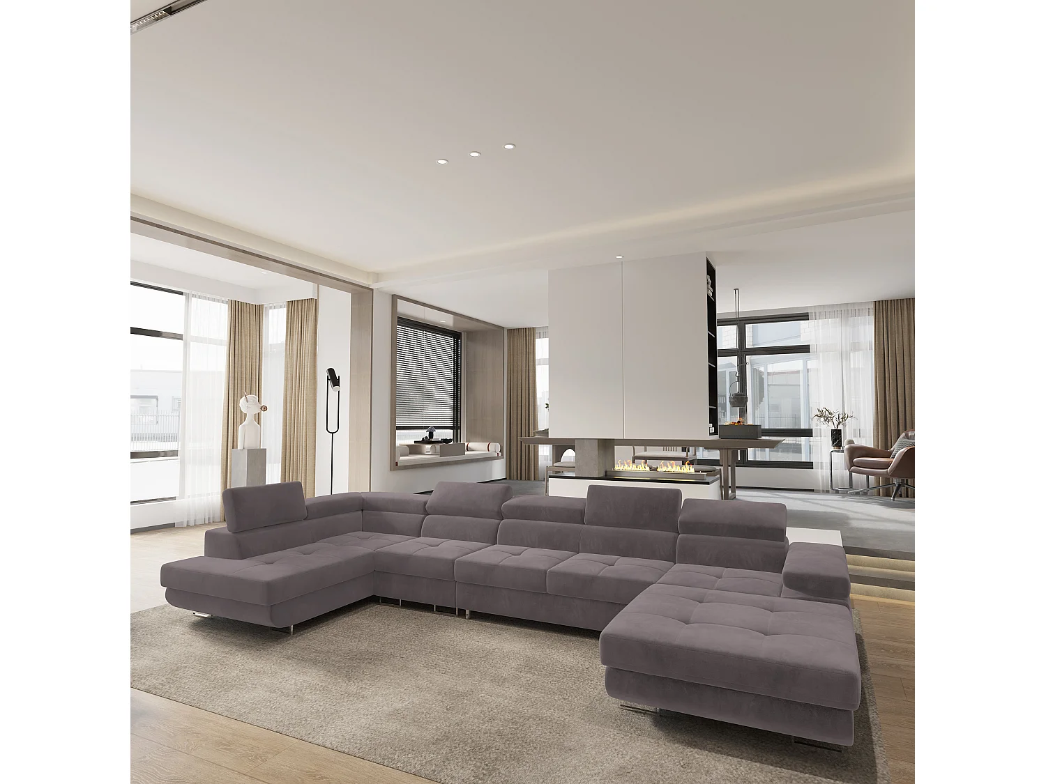 Hoekbank VELORA van fluweel met slaapfunctie Lila