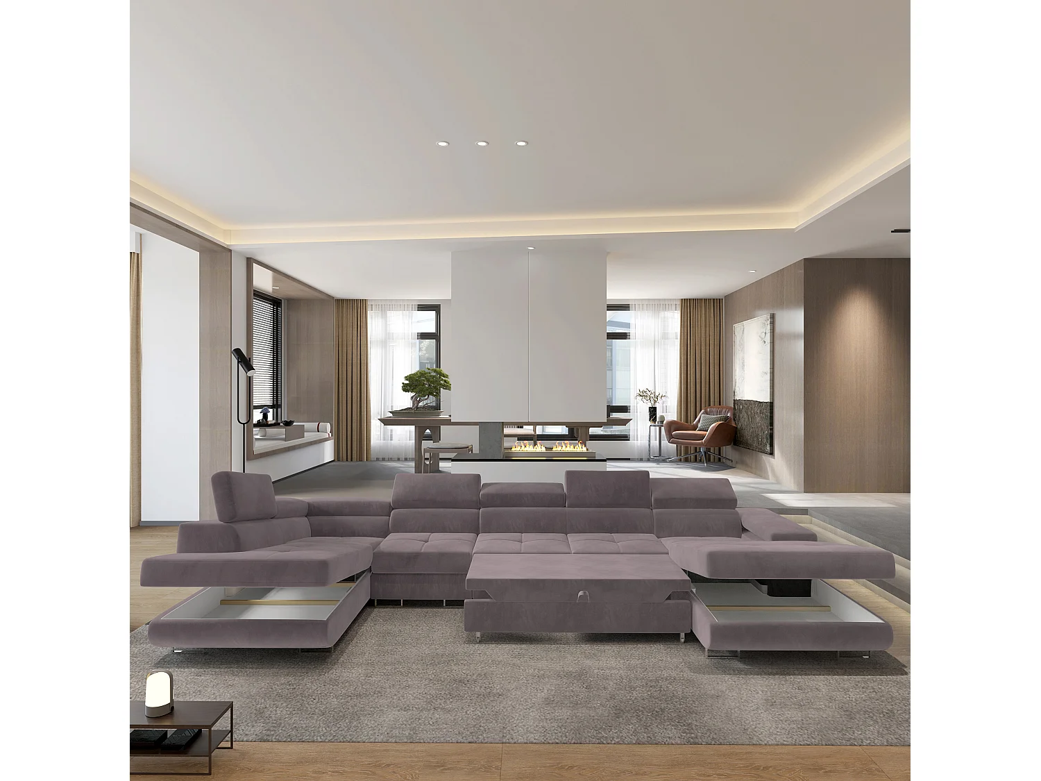 Hoekbank VELORA van fluweel met slaapfunctie Lila