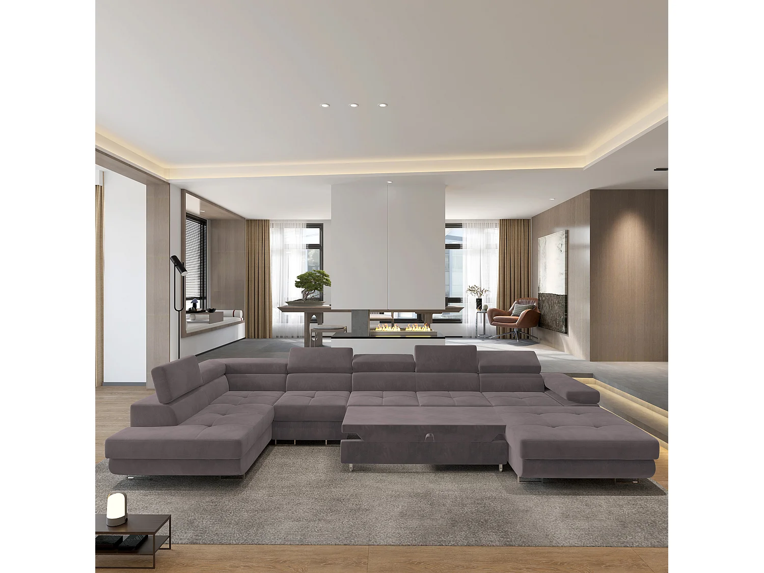 Hoekbank VELORA van fluweel met slaapfunctie Lila