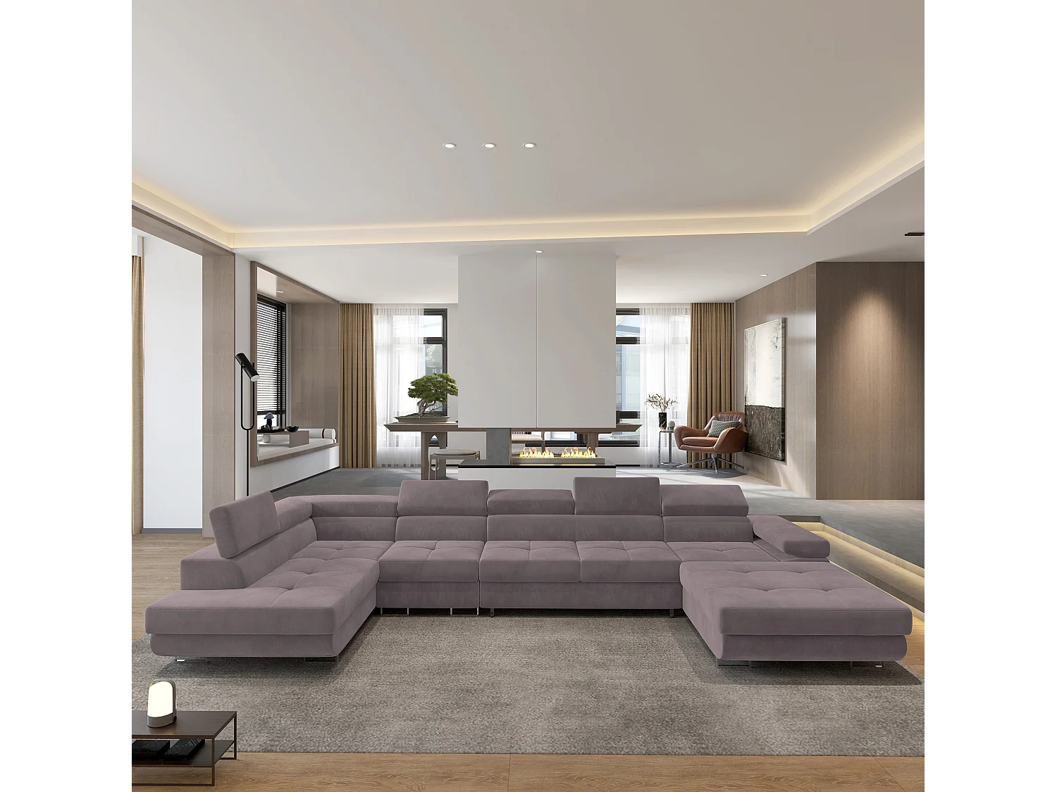 Hoekbank VELORA van fluweel met slaapfunctie Lila