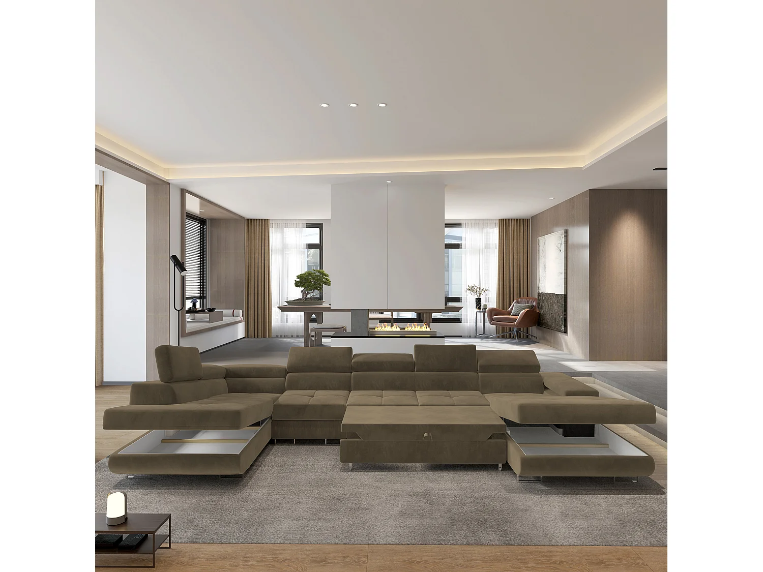 Hoekbank VELORA van fluweel met slaapfunctie Beige