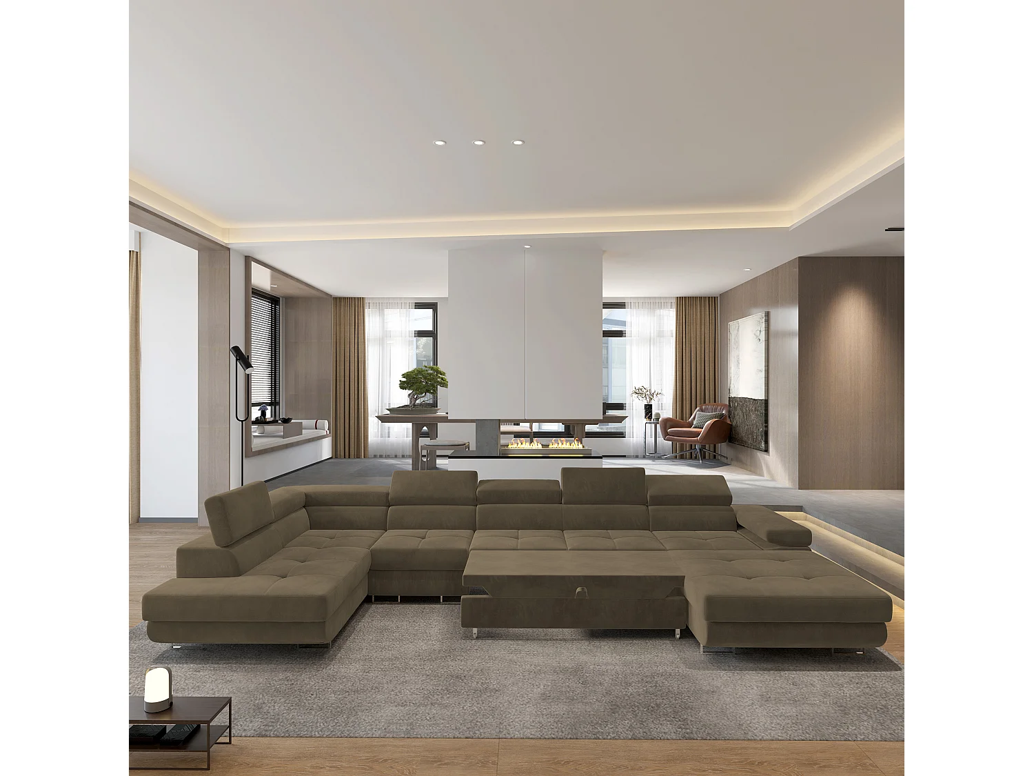 Hoekbank VELORA van fluweel met slaapfunctie Beige