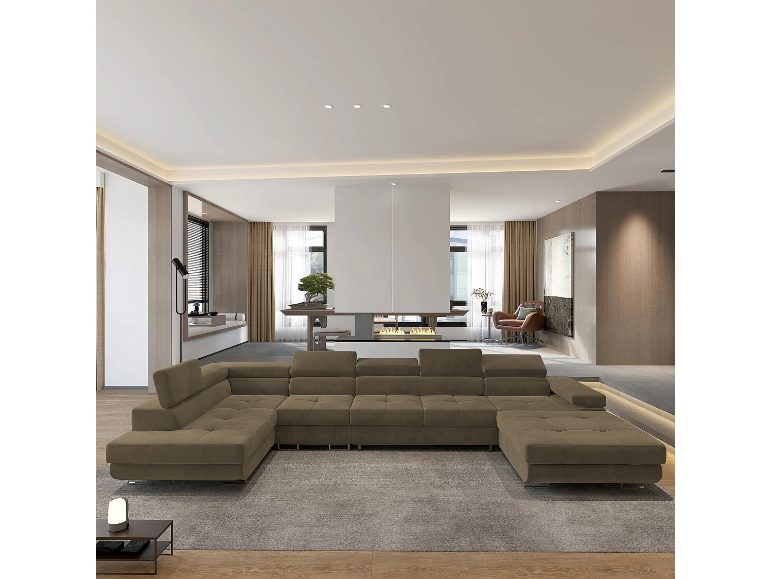 Hoekbank VELORA van fluweel met slaapfunctie Beige