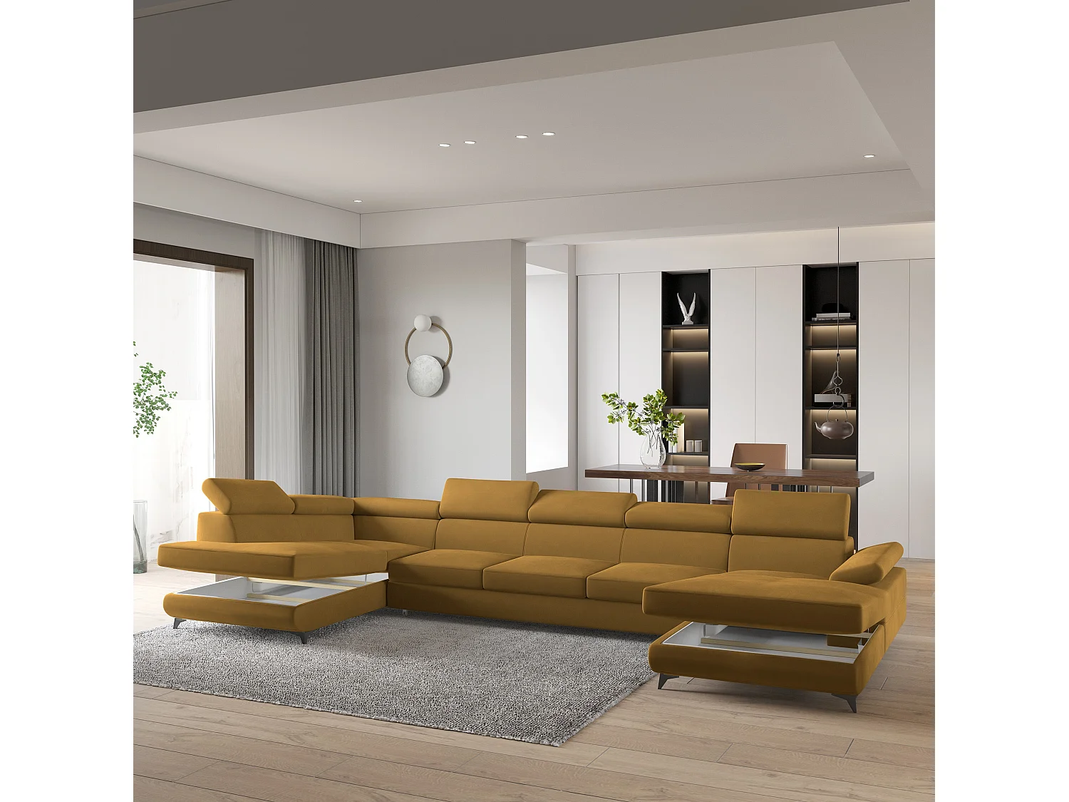 Hoekbank MONTIVA van fluweel met slaapfunctie Gelb