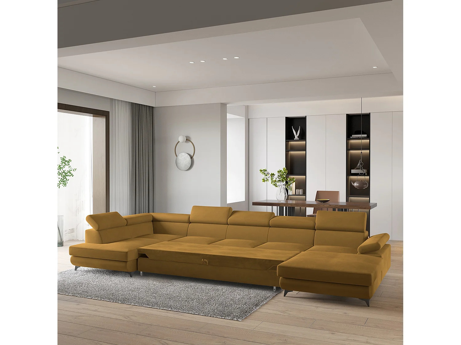 Hoekbank MONTIVA van fluweel met slaapfunctie Gelb