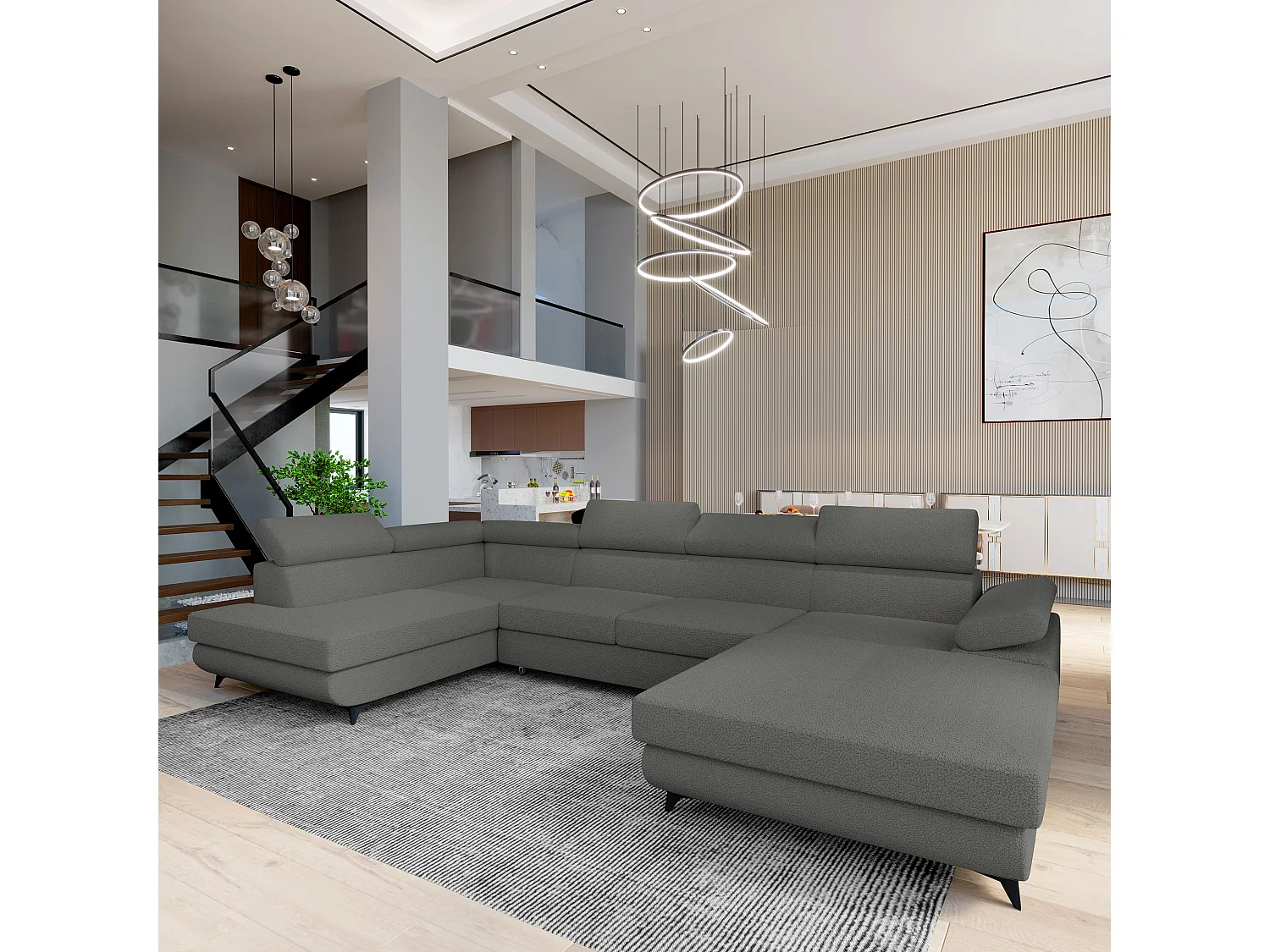 Hoekbank RUBANO van fluweel met slaapfunctie Grau