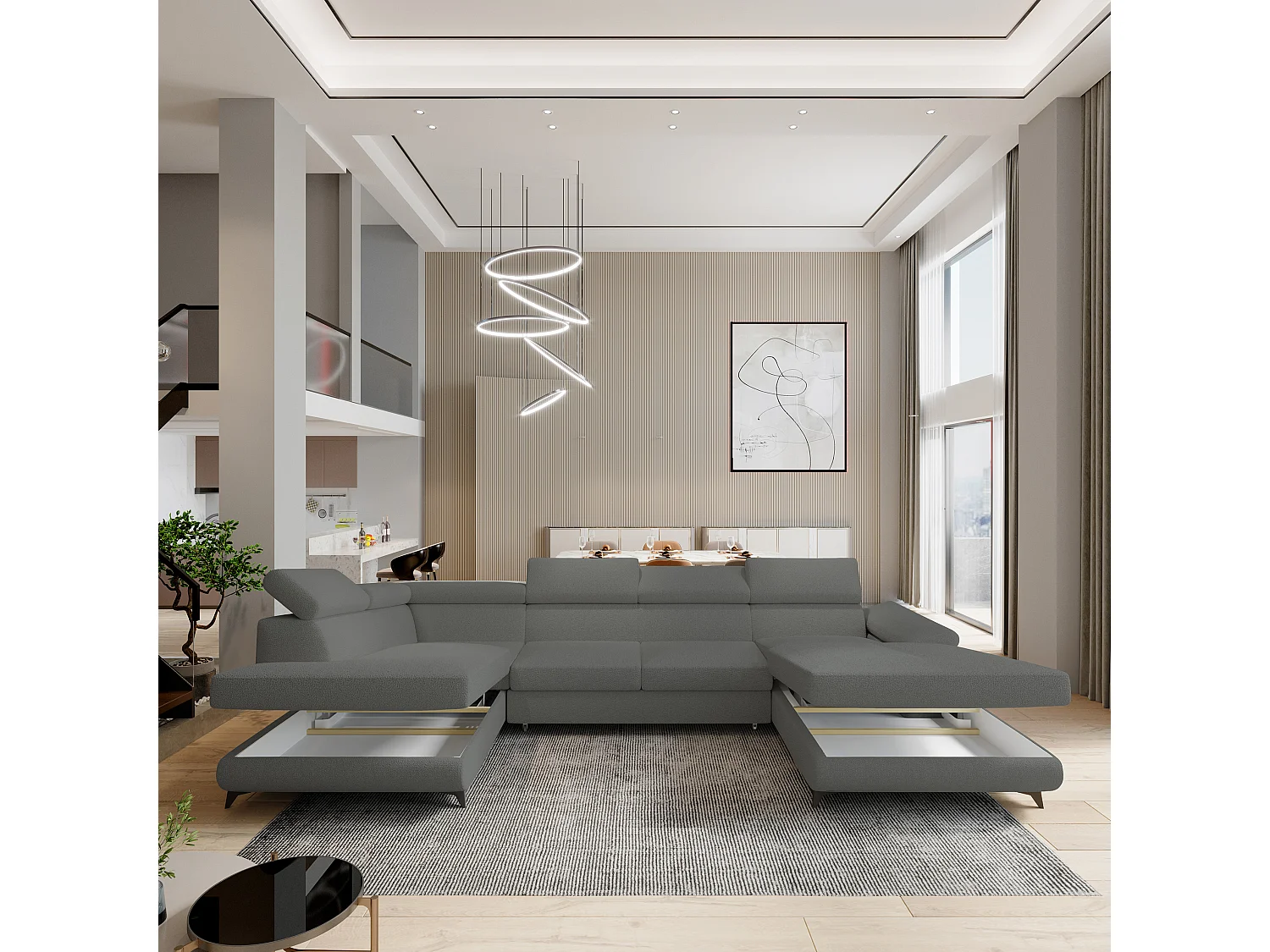 Hoekbank RUBANO van fluweel met slaapfunctie Grau