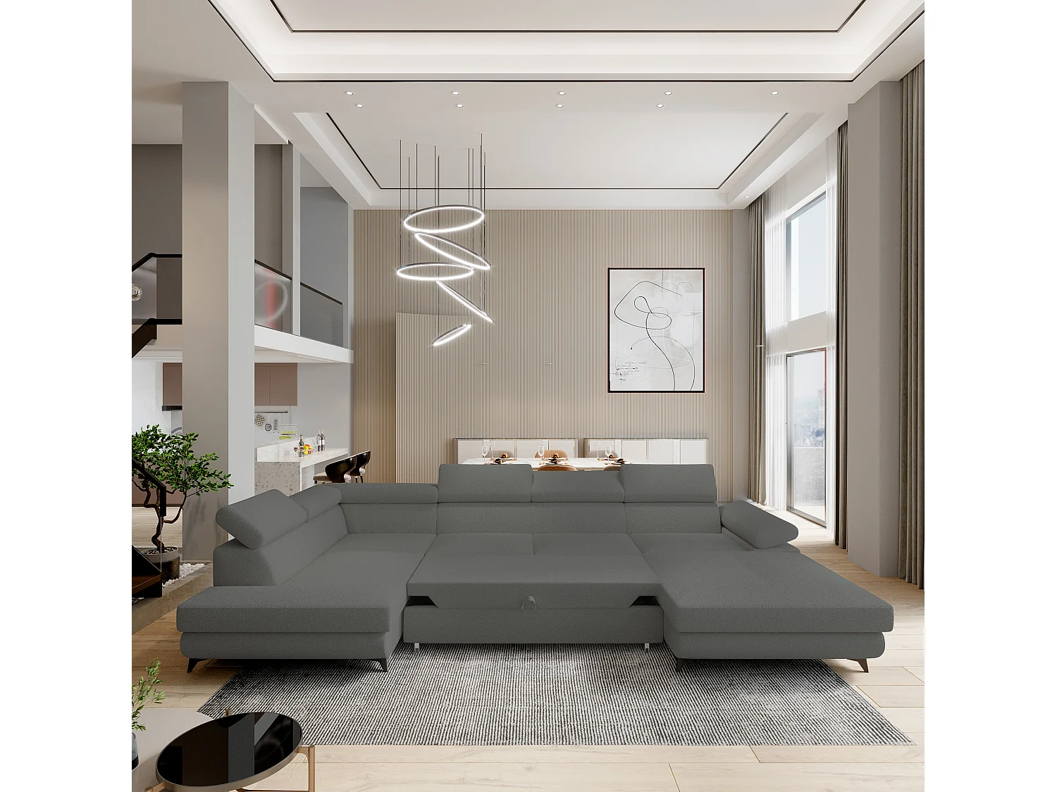 Hoekbank RUBANO van fluweel met slaapfunctie Grau