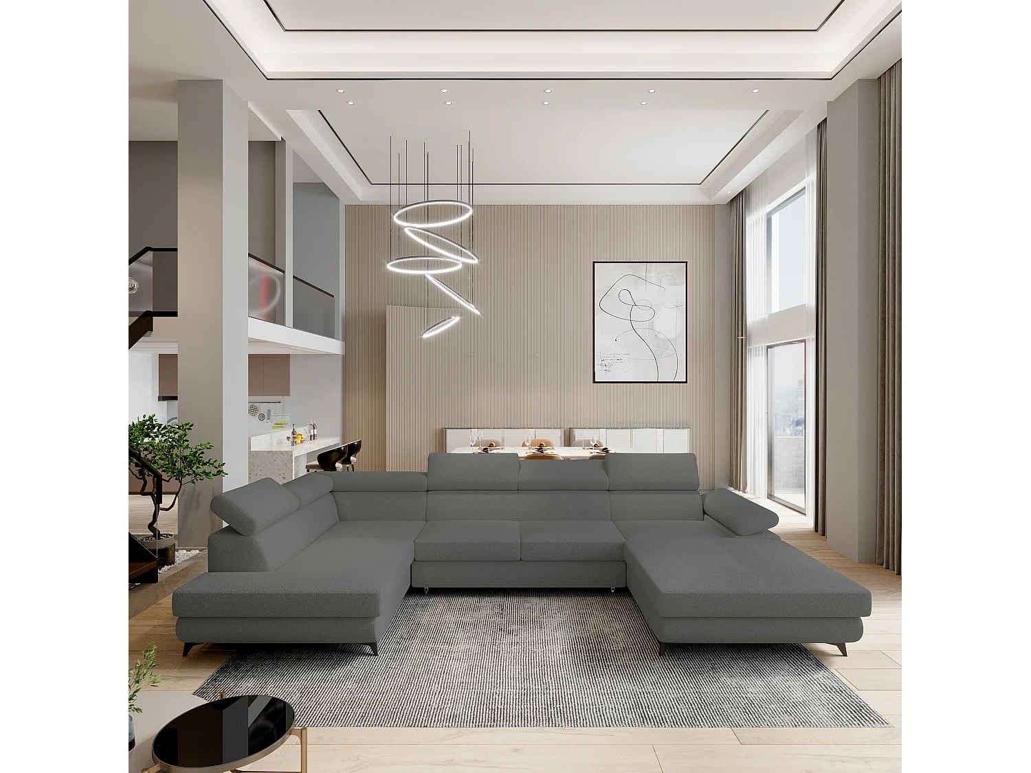 Hoekbank RUBANO van fluweel met slaapfunctie Grau