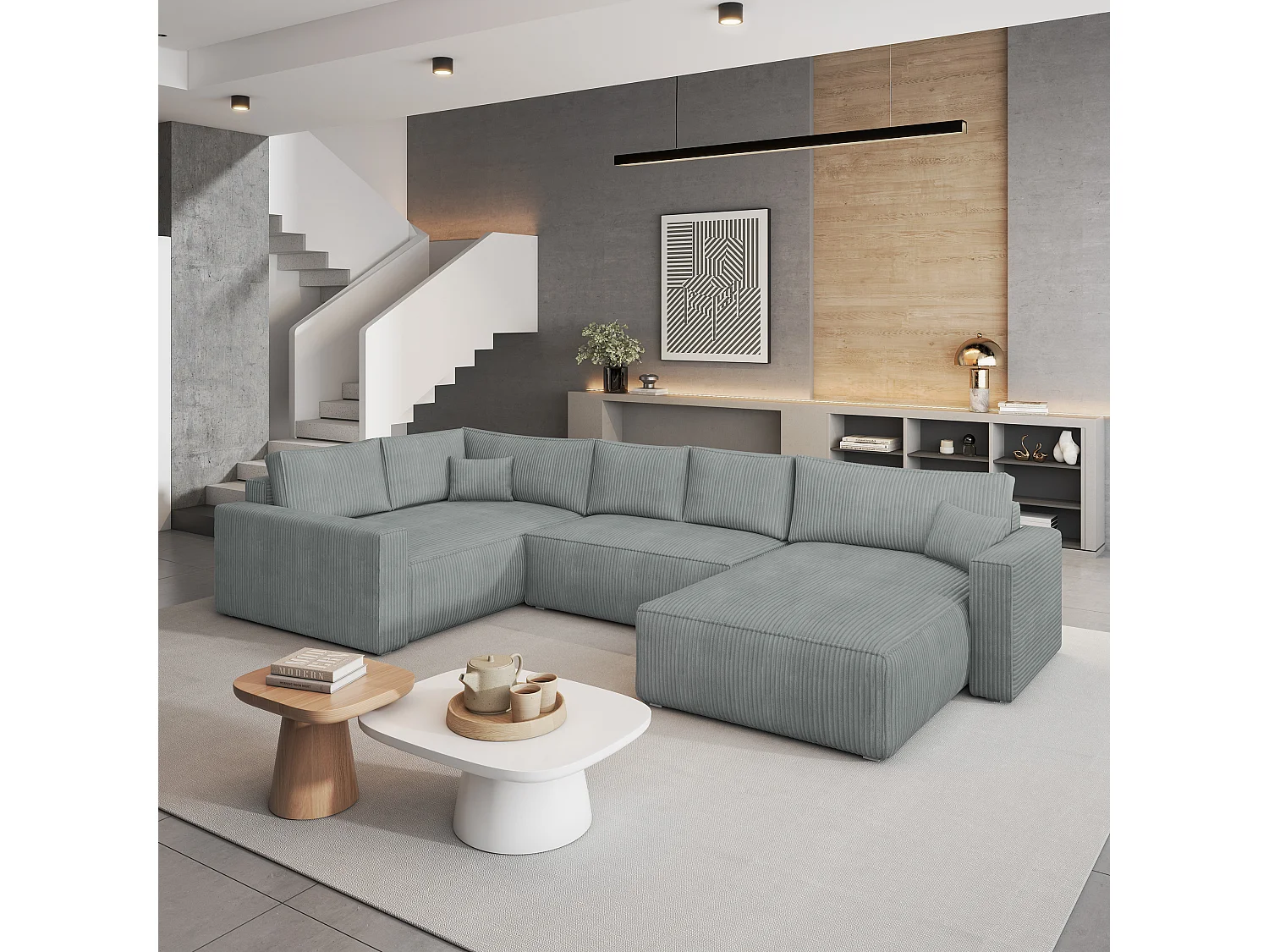 Hoekbank VELAMI van fluweel met slaapfunctie Hellgrau