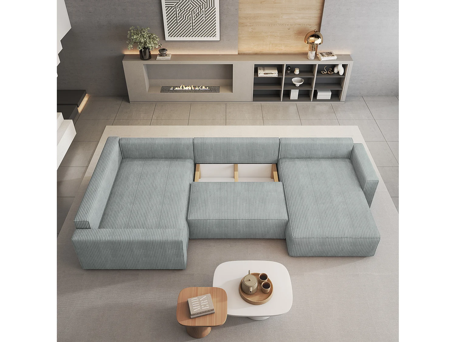 Hoekbank VELAMI van fluweel met slaapfunctie Hellgrau