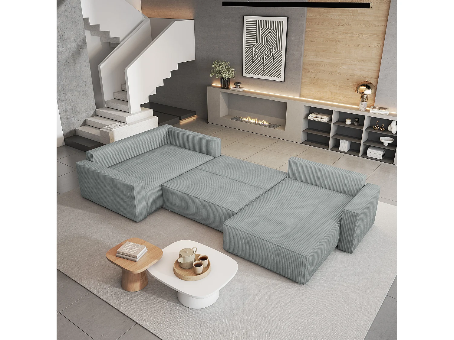 Hoekbank VELAMI van fluweel met slaapfunctie Hellgrau