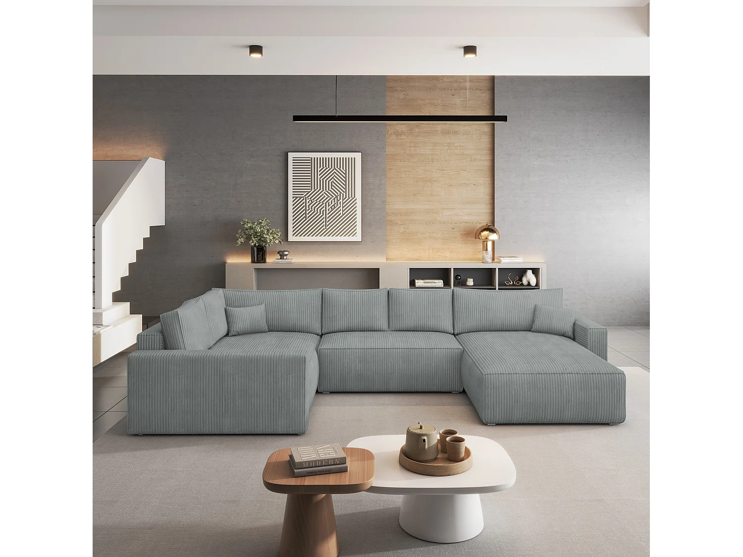Hoekbank VELAMI van fluweel met slaapfunctie Hellgrau