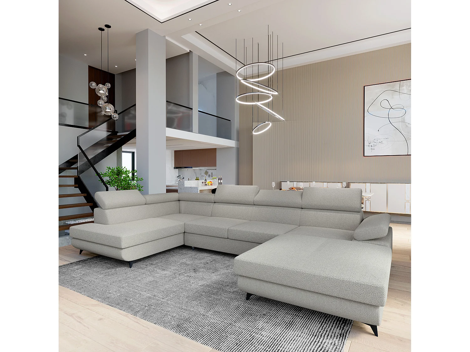 Hoekbank RUBANO van fluweel met slaapfunctie Hellgrau