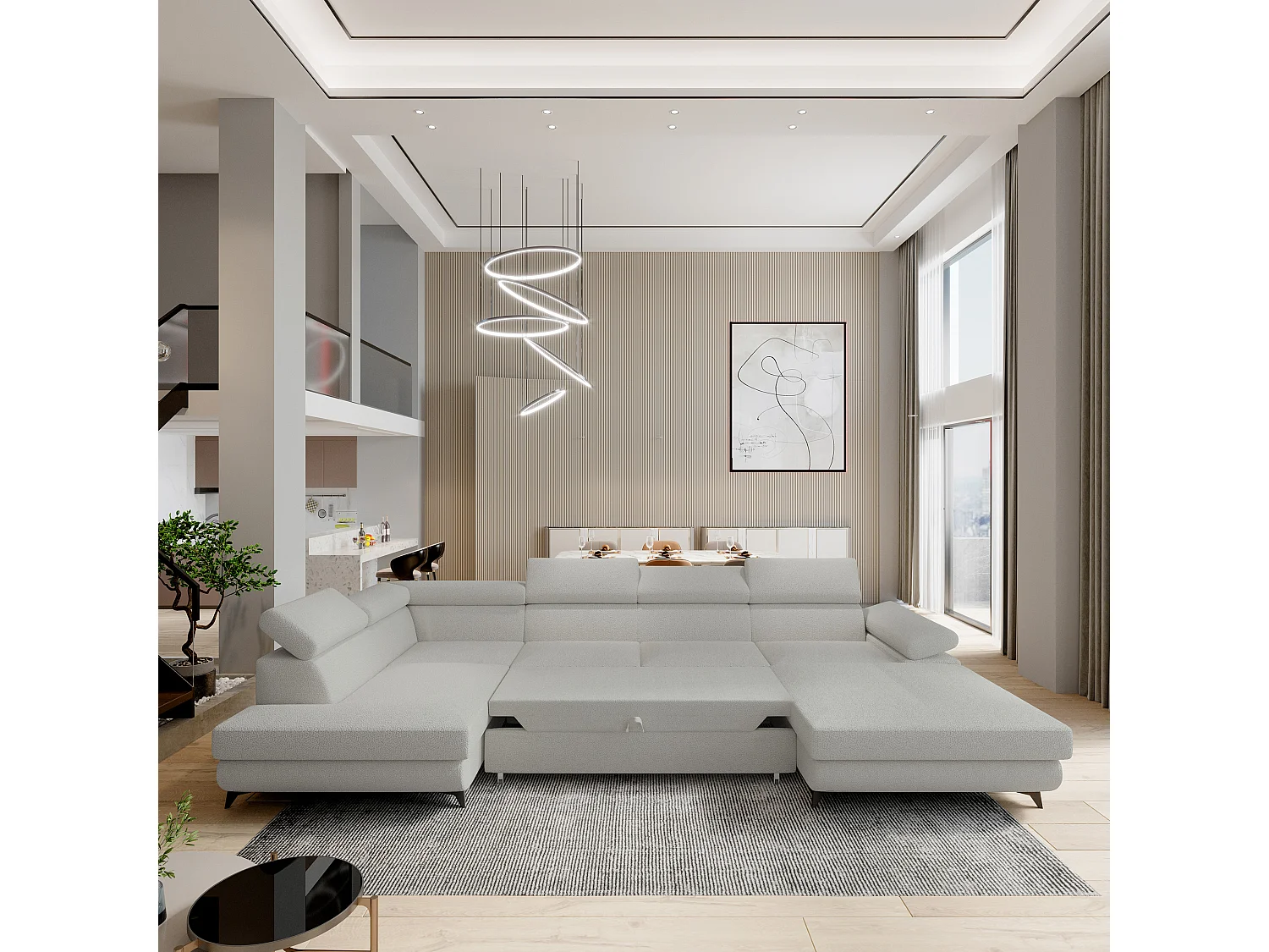 Hoekbank RUBANO van fluweel met slaapfunctie Hellgrau