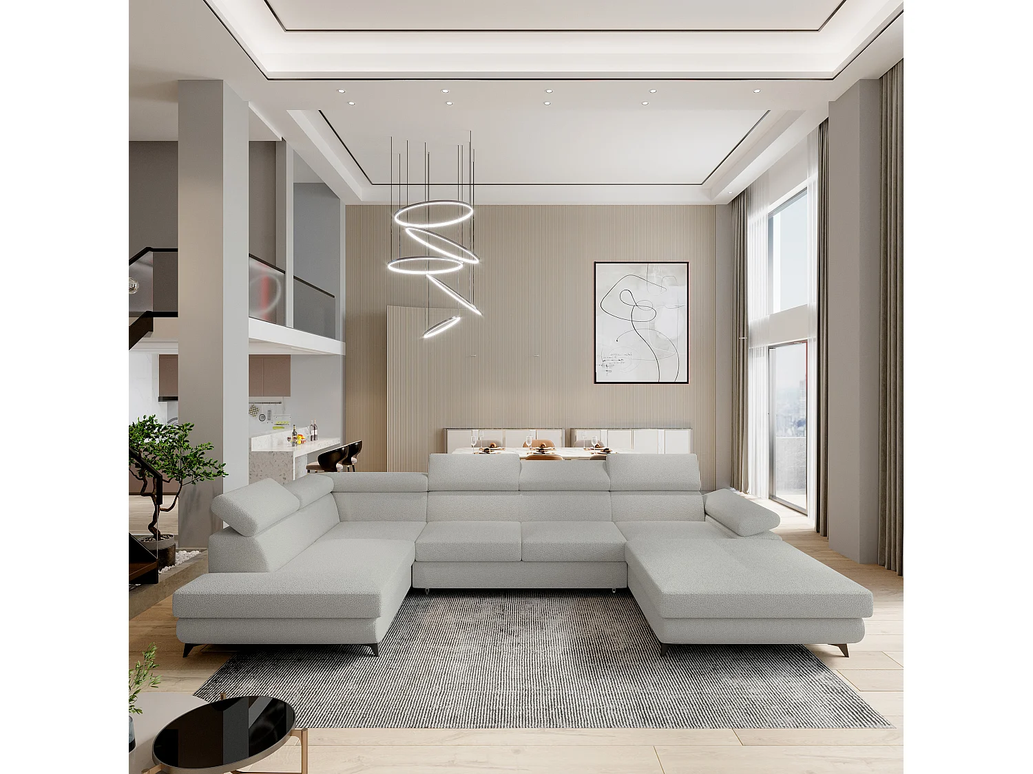 Hoekbank RUBANO van fluweel met slaapfunctie Hellgrau