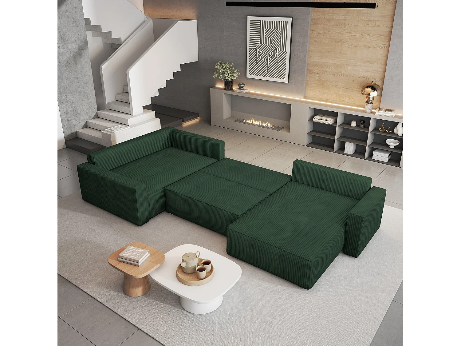 Hoekbank VELAMI van fluweel met slaapfunctie Grün