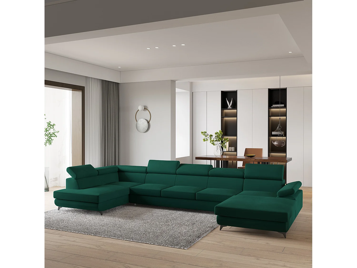 Hoekbank MONTIVA van fluweel met slaapfunctie Grün