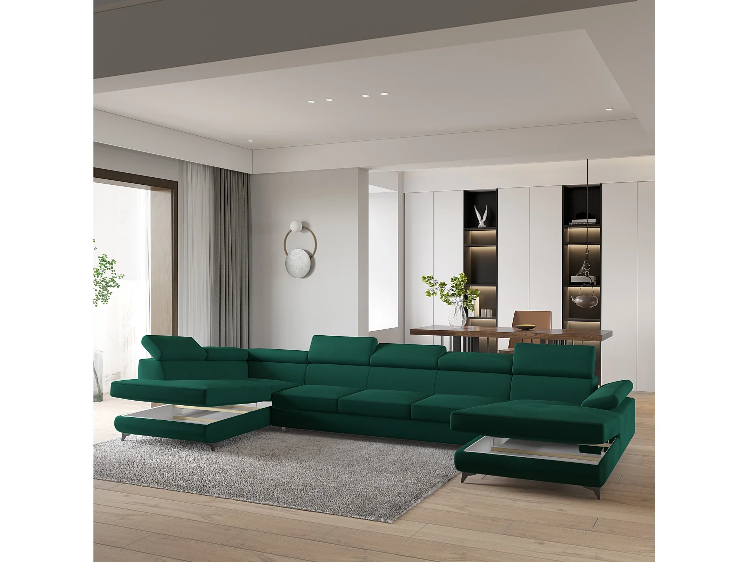 Hoekbank MONTIVA van fluweel met slaapfunctie Grün