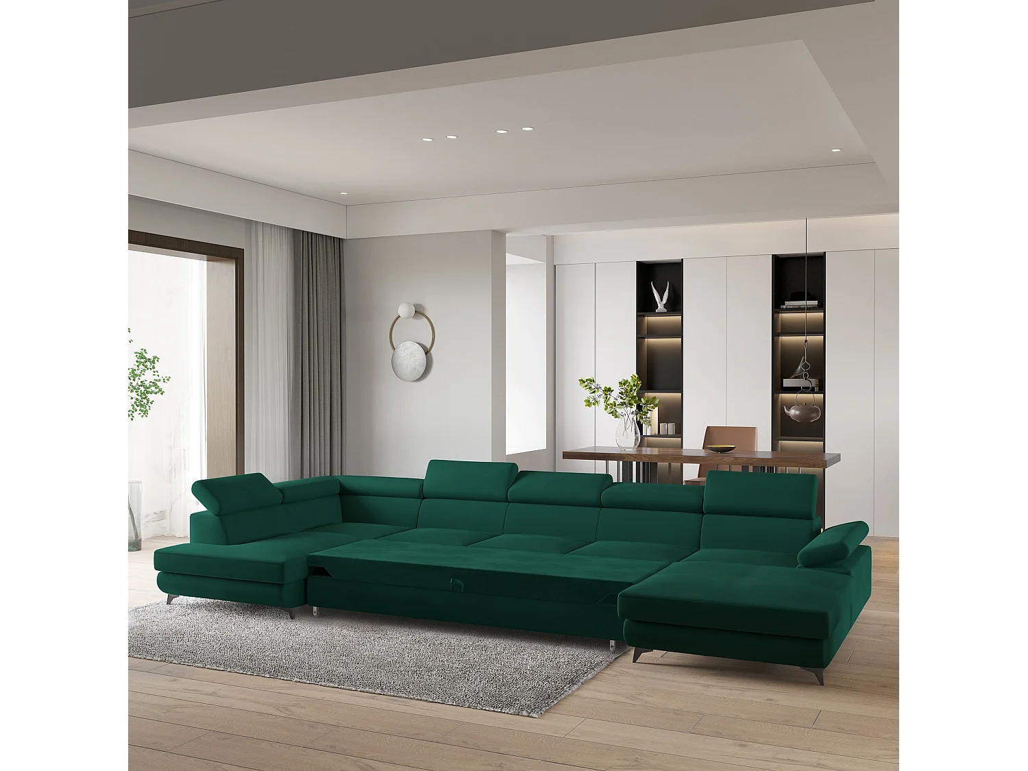 Hoekbank MONTIVA van fluweel met slaapfunctie Grün