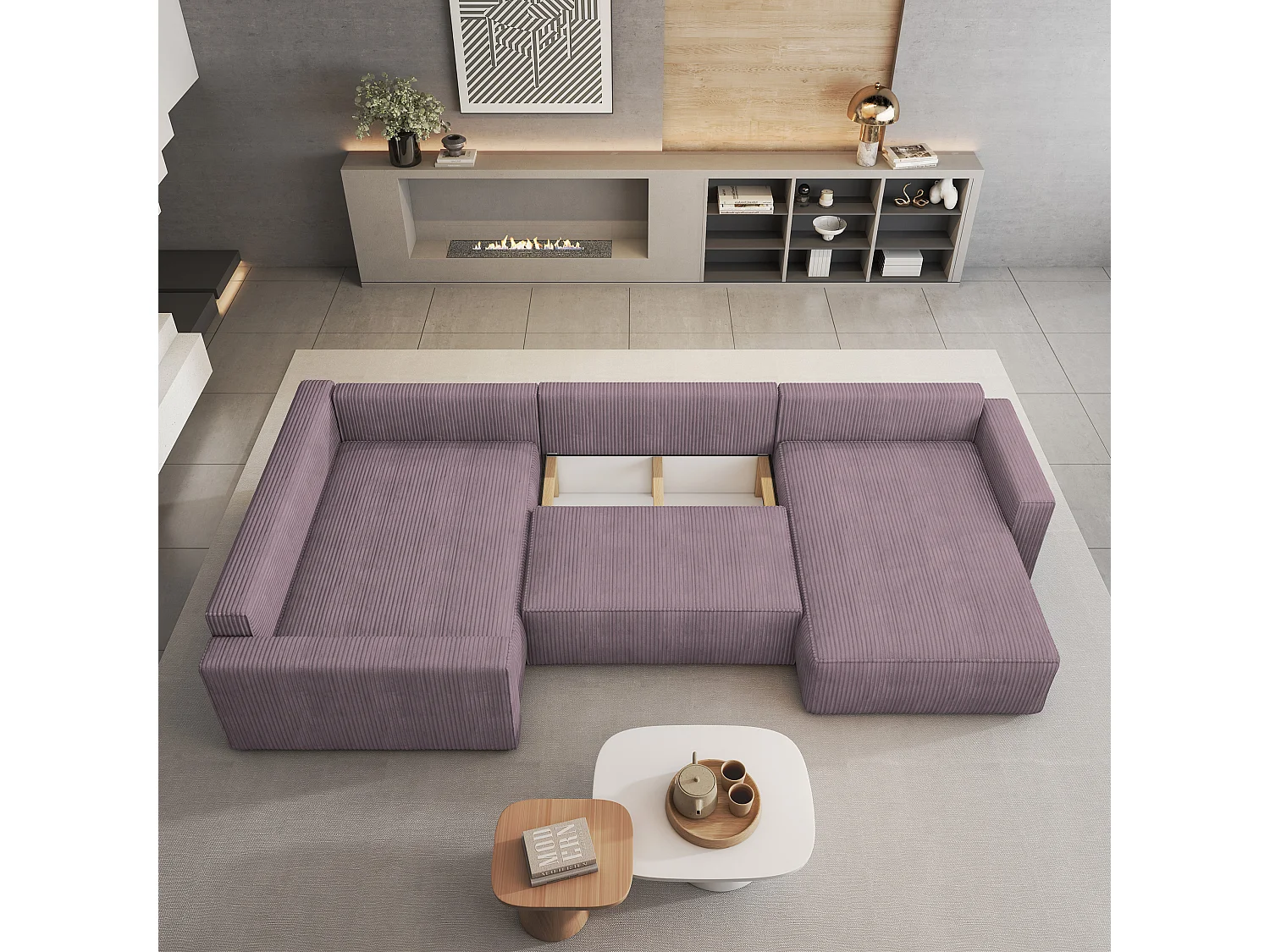 Hoekbank VELAMI van fluweel met slaapfunctie Lila
