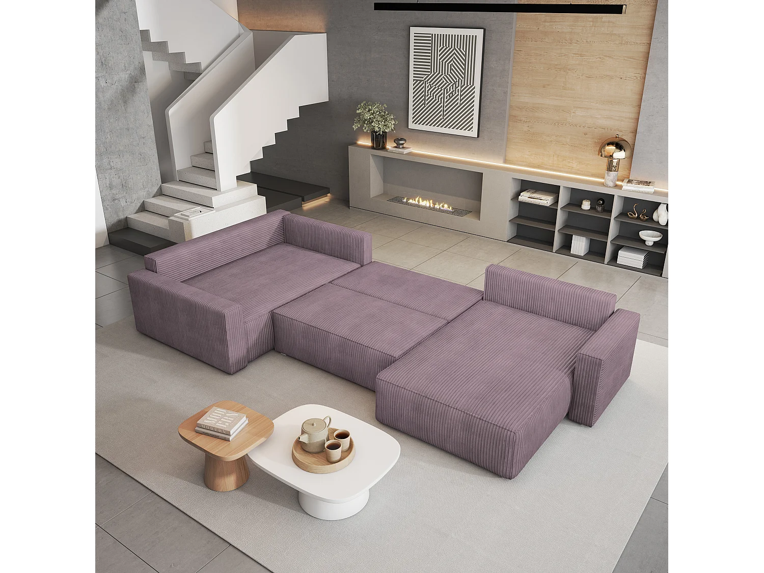 Hoekbank VELAMI van fluweel met slaapfunctie Lila
