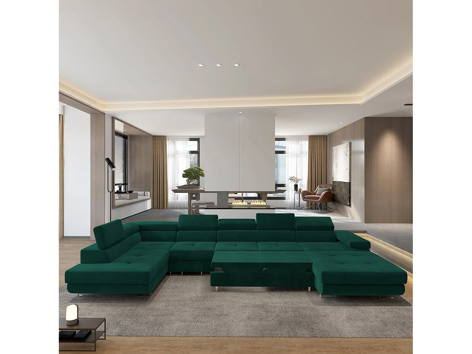 Hoekbank VELORA van fluweel met slaapfunctie Grün