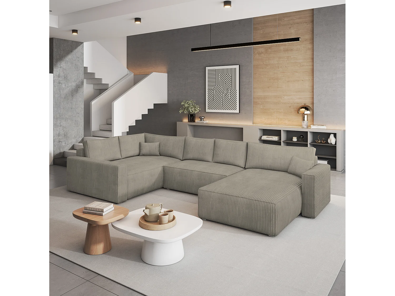 Hoekbank VELAMI van fluweel met slaapfunctie Beige