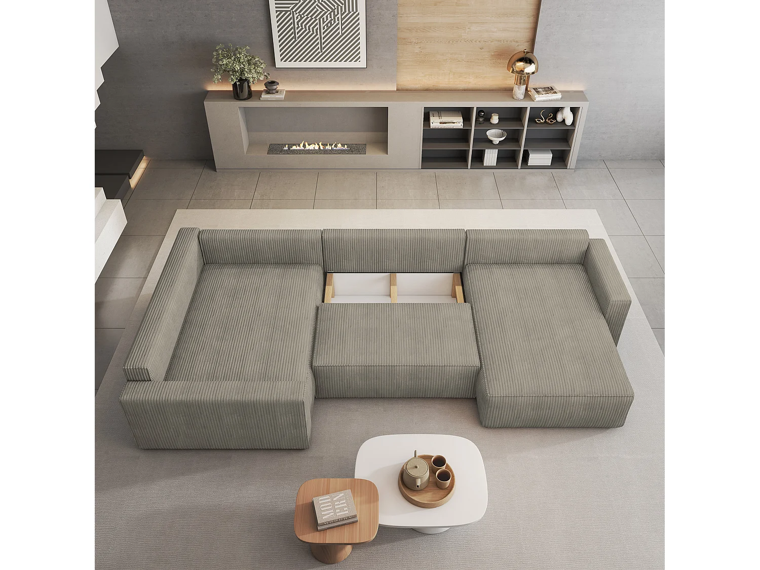 Hoekbank VELAMI van fluweel met slaapfunctie Beige