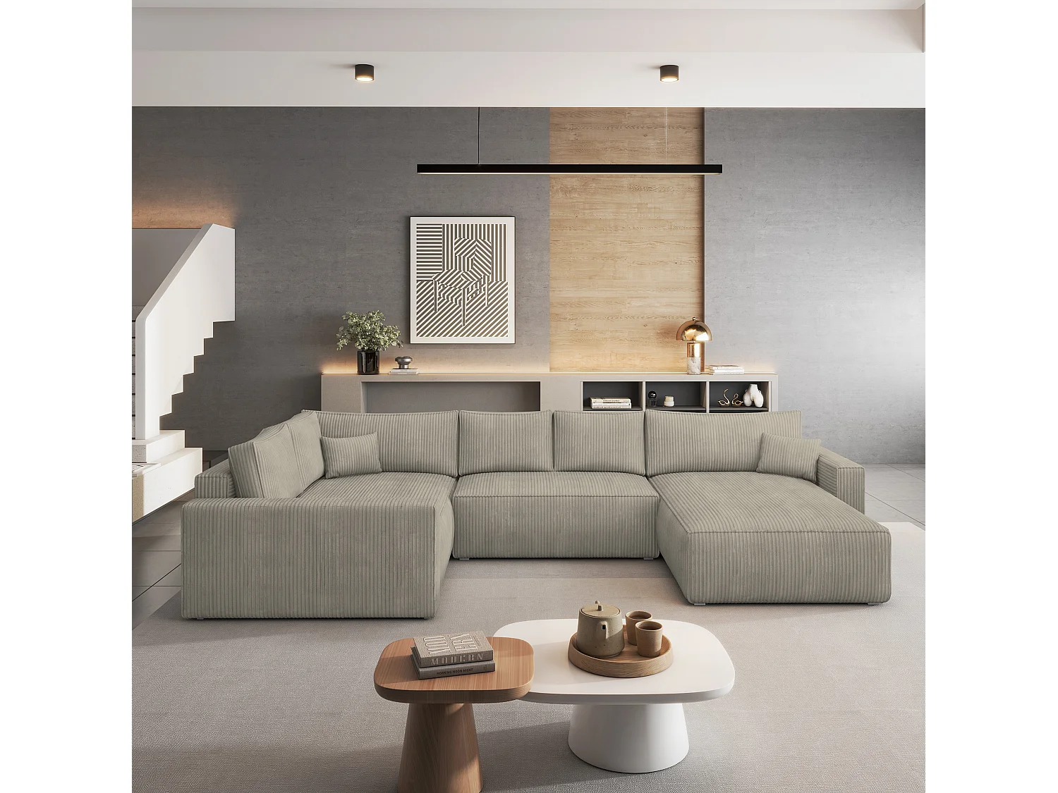 Hoekbank VELAMI van fluweel met slaapfunctie Beige