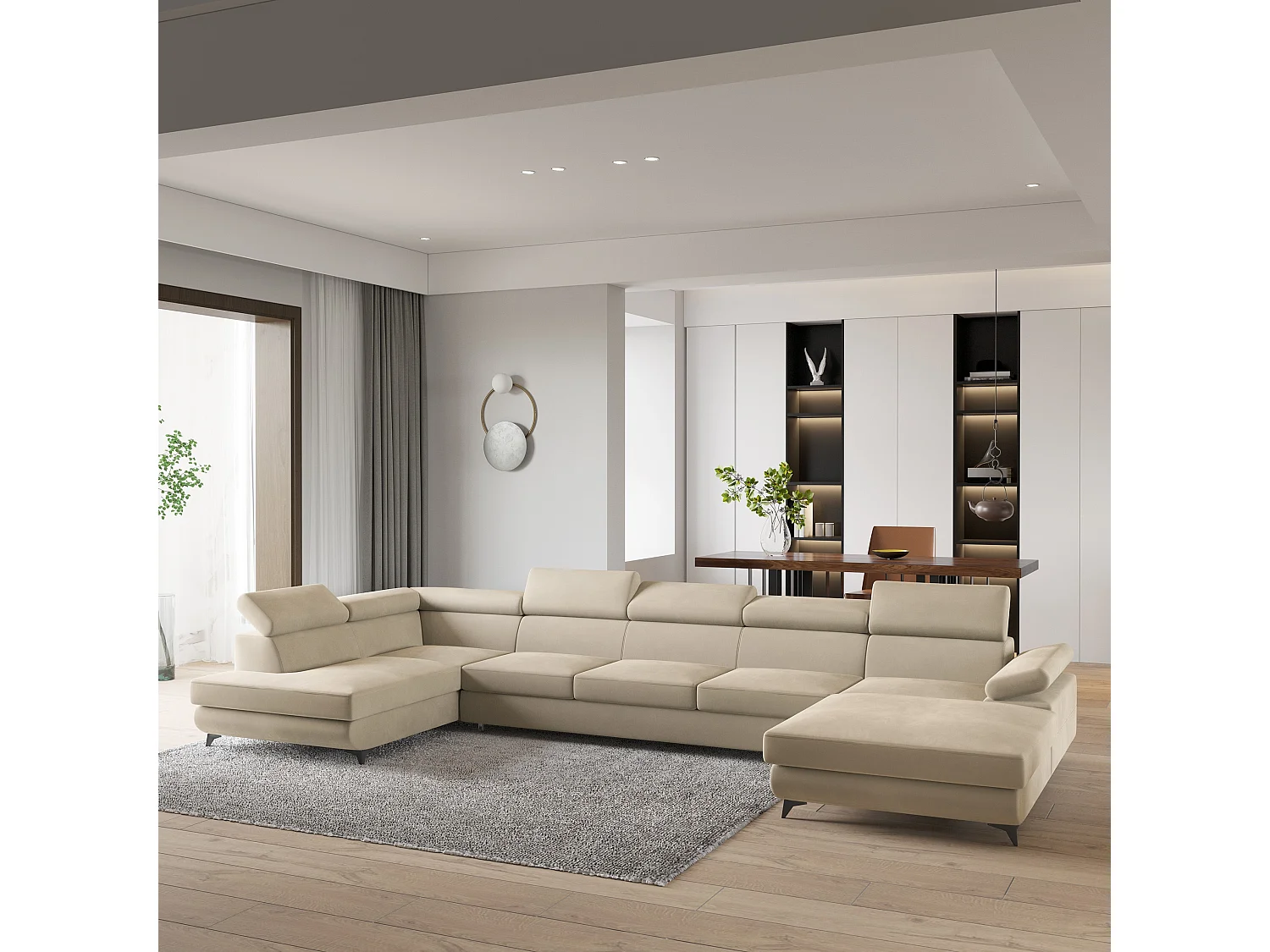 Hoekbank MONTIVA van fluweel met slaapfunctie Creme