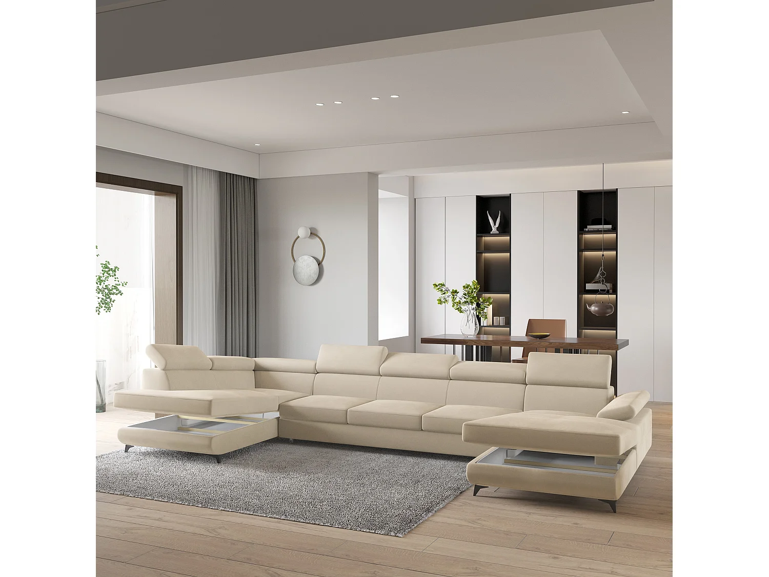 Hoekbank MONTIVA van fluweel met slaapfunctie Creme