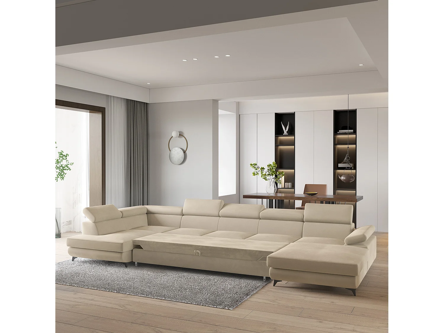 Hoekbank MONTIVA van fluweel met slaapfunctie Creme